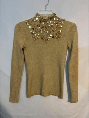 Vintage Once Again Gold Beaded Zip Neck Sweater Metallic Knit Top Size Small